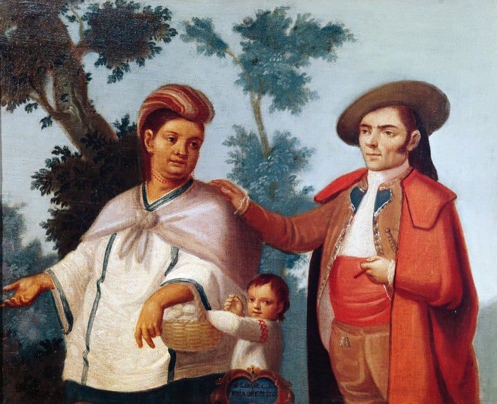 This Mexican painting portrays a mixed race family with their Mestizo child.