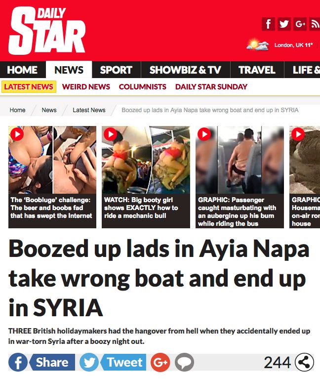 <strong>'Boozed up lads in Ayia Napa take wrong boat and end up in SYRIA' - Daily Star</strong>