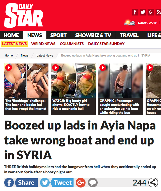 <strong>'Boozed up lads in Ayia Napa take wrong boat and end up in SYRIA' - Daily Star</strong>