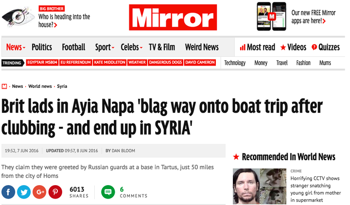<strong>'Brit lads in Ayia Napa "blag way onto boat trip after clubbing - and end up in SYRIA"' - Daily Mirror</strong>