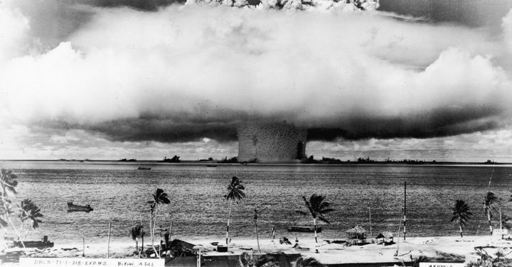 An atomic bomb explodes on Bikini Atoll in 1946.