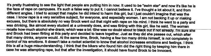 An excerpt from Leslie Rasmussen's letter to the court defending Brock Turner.