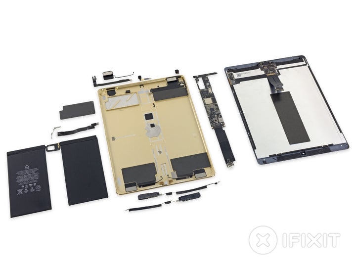 A photo of a disassembled iPad Pro, used with permission from iFixit's teardown guide.