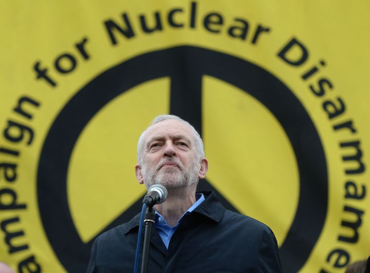 Labour leader Jeremy Corbyn, address protesters at a Stop Trident protest rally in Trafalgar Square