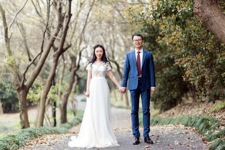 The couple in a wedding picture. 