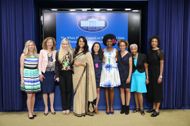 The entrepreneurs posing with the filmmakers. Left to right: Amanda Goetz, Suzanne West, Erin Bagwell, Komal Minhas, Annie Wang, Mariama Camara, Linda, Clara and Alicia Villarosa.