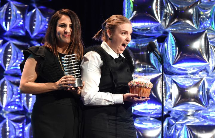 An exuberant Lena Dunham and Jenni Konner appear at the 20th Annual Webby Awards in New York City.