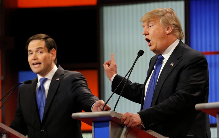 Sen. Marco Rubio (R-Fla.) and business man Donald Trump spoke at the Republican presidential debate in Detroit, Michigan, on March 3, 2016.