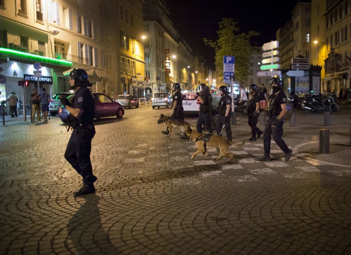 Police patrols on a street following the scuffles