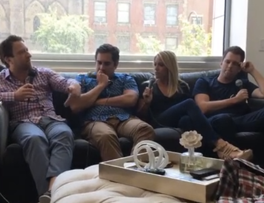 A screenshot of "The Rundown" broadcast featuring (from left to right): Barstool's El Presidente, Big Cat, Emily Austen, and KFC. 