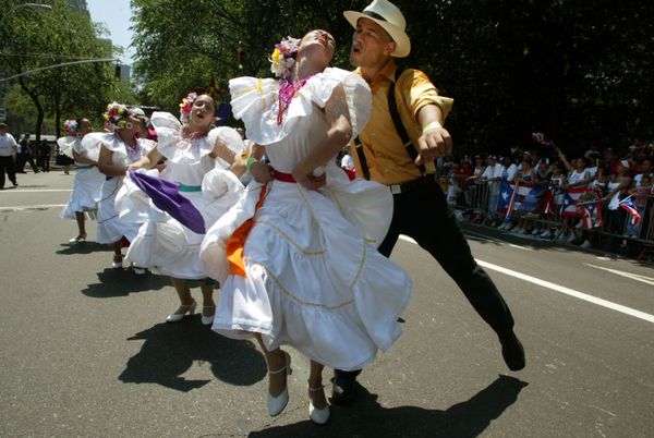 Traditional dancers perform during the National Puerto Rican Day Parade in&nbsp;2002.