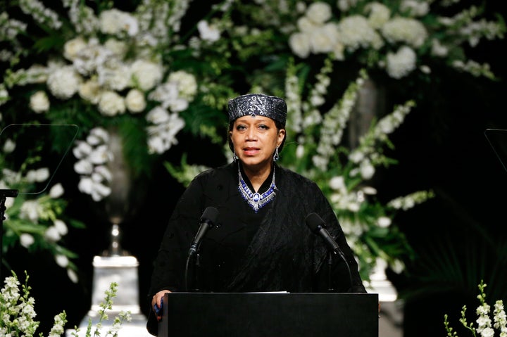 Ambassador Qubilah Shabazz, daughter of Malcolm X, speaks at a public memorial service for the late boxer Muhammad Ali in Louisville, Kentucky.