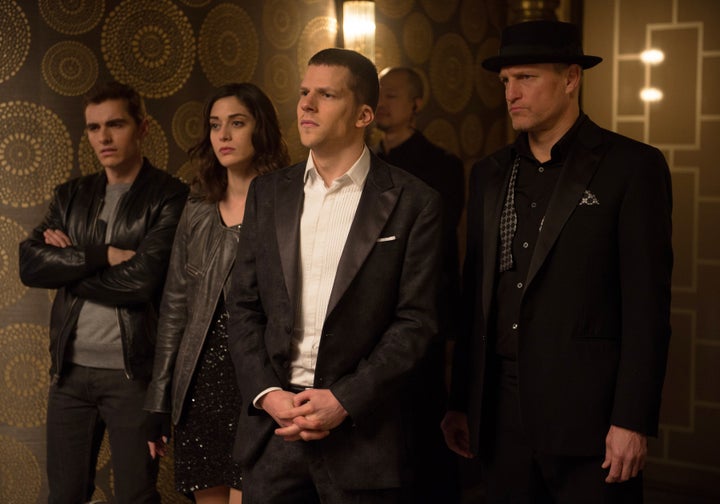 Dave Franco, Lizzy Caplan, Jesse Eisenberg and Woody Harrelson star in "Now You See Me 2."