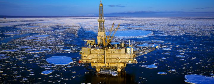An oil production platform is pictured in the icy water of Cook Inlet, Trading Bay, Alaska.