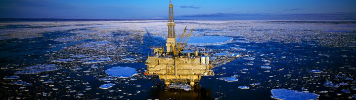 An oil production platform is pictured in the icy water of Cook Inlet, Trading Bay, Alaska.