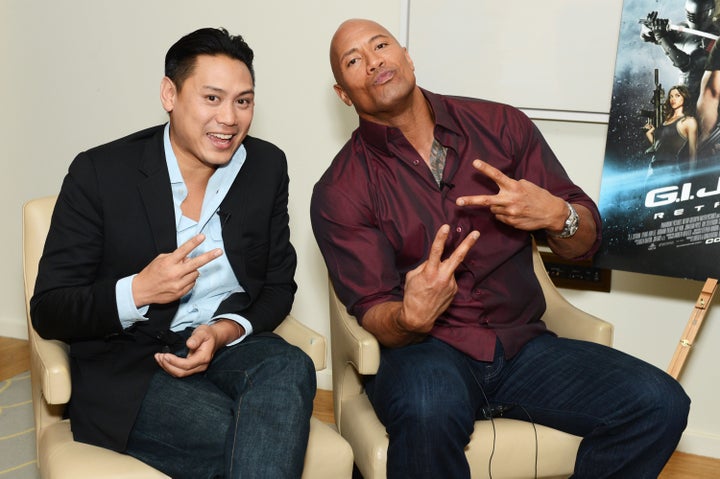 Jon Chu and Dwayne Johnson snap a photo at the "G.I. Joe: Retaliation" junket in London.
