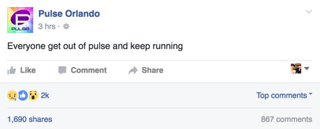 A Facebook post on Pulse Orlando's page told everyone to 'get out' and 'keep running'.