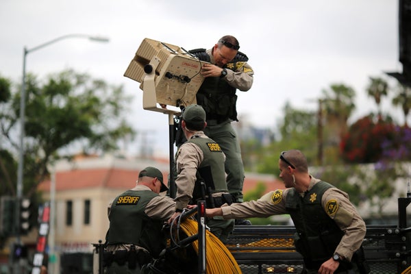 Los Angeles County Sheriff deputies set up a sonic crowd control device following the Orlando attack at a gay night club in O
