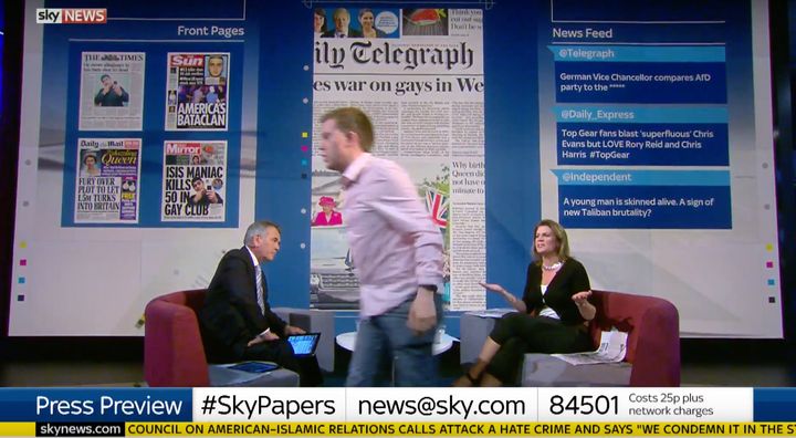 Owen Jones storms off the set of the Sky Papers review Sunday night