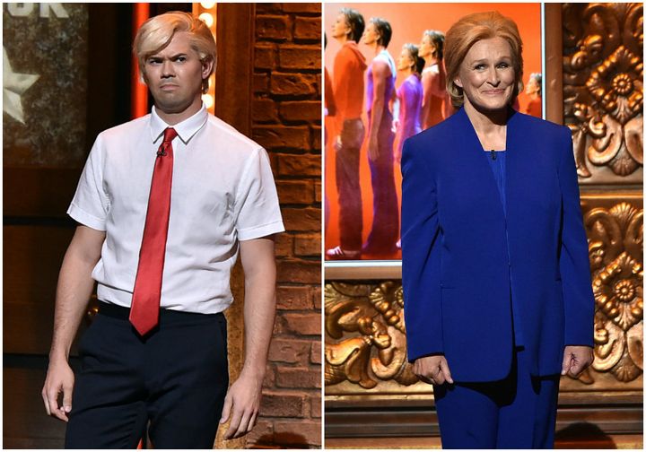 Andrew Rannells as Donald Trump and Glenn Close as Hillary Clinton at the 70th Annual Tony Awards.