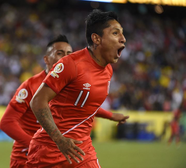 Peru's Raul Ruidiaz celebrates after scoring against Brazil during their Copa America Centenario football tournament match in Foxborough, Massachusetts.