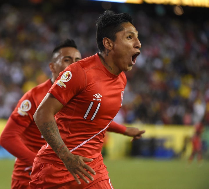 Peru's Raul Ruidiaz celebrates after scoring against Brazil during their Copa America Centenario football tournament match in Foxborough, Massachusetts.