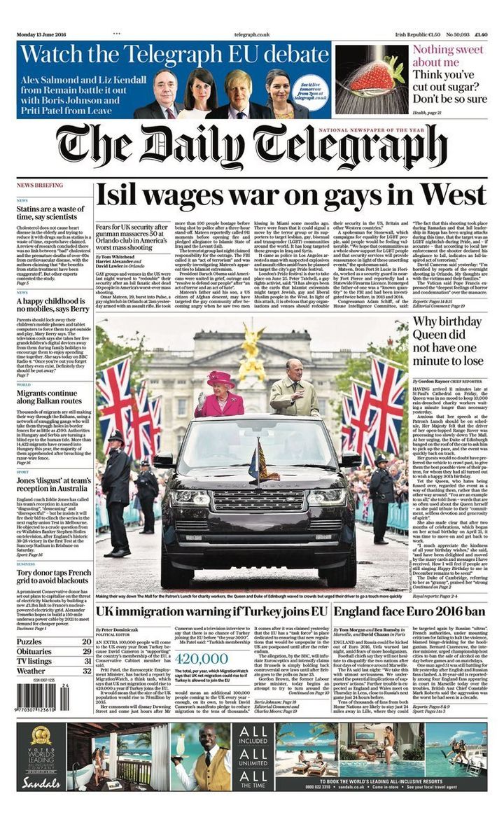 Monday's Daily Telegraph front page