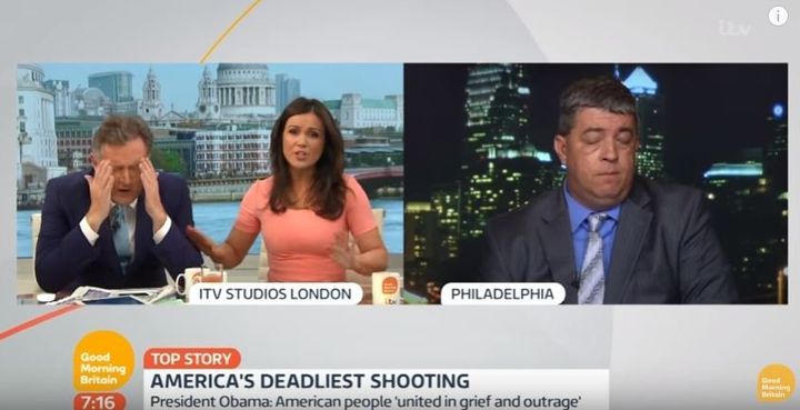 Piers Morgan was outraged during an interview with a pro-gun campaigner on 'Good Morning Britain'