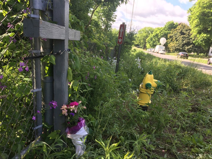 A makeshift memorial on North Westnedge Avenue north of Kalamazoo, Michigan, where a driver killed five bicyclists and injured four more on June 7, 2016.