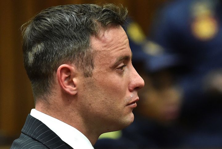 Former Paralympian Oscar Pistorius is seen during his sentencing Monday for the murder of his girlfriend, Reeva Steenkamp.