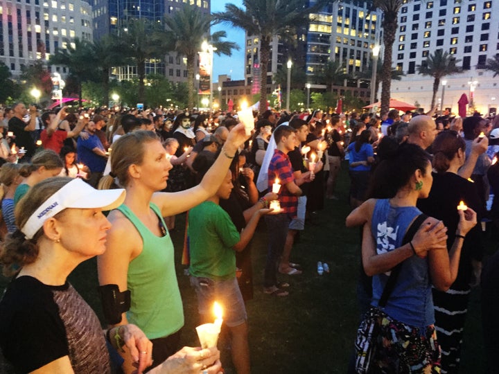 Thousands converged at the Dr. Phillips Center for the Performing Arts in Orlando to remember those lost in the mass shooting on Sunday. Speakers declared, "We are stronger than fear. Love will conquer hate. Orlando united!"