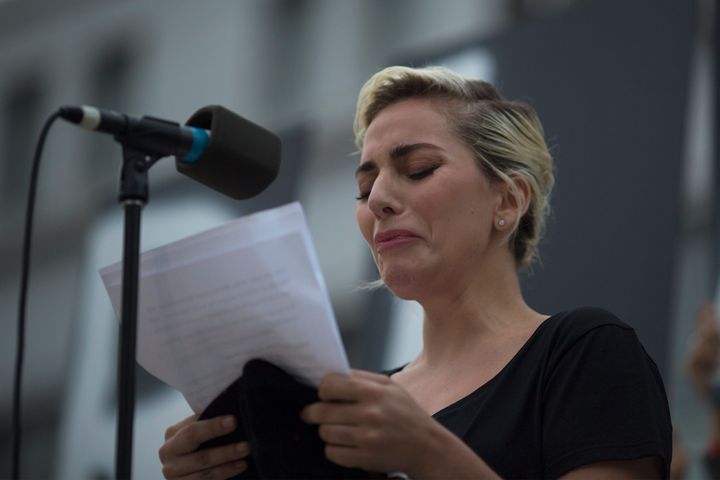 Lady Gaga at the Los Angeles vigil for victims of the Orlando shooting. 