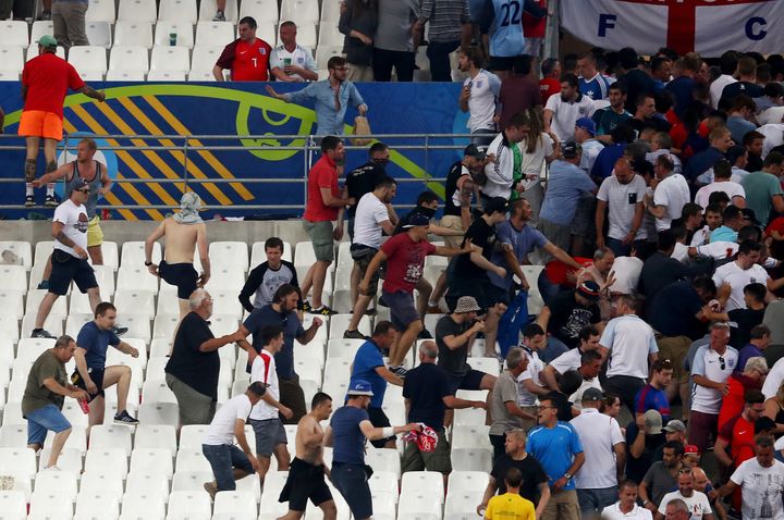 Fans clash after the UEFA EURO 2016 Group B match between England and Russia at Stade Velodrome on June 11, 2016 in Marseille