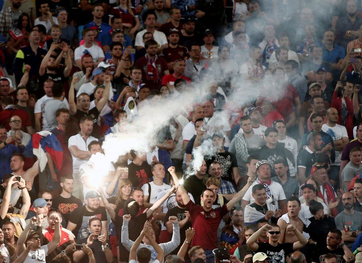 Fans of Russia support their team during Euro 2016 group B football match between England and Russia at Stade Velodrome in Marseille, France on June 11