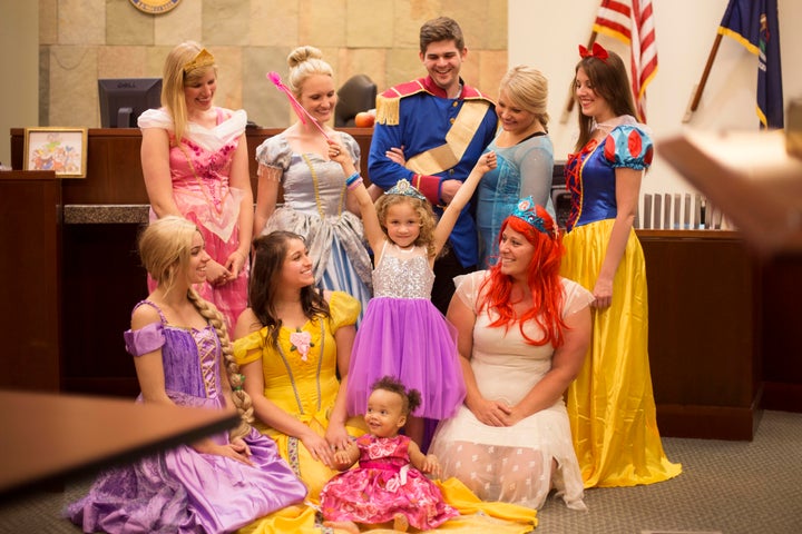 Five-year-old Danielle welcomed a few Disney princess friends at her adoption finalization hearing this month.