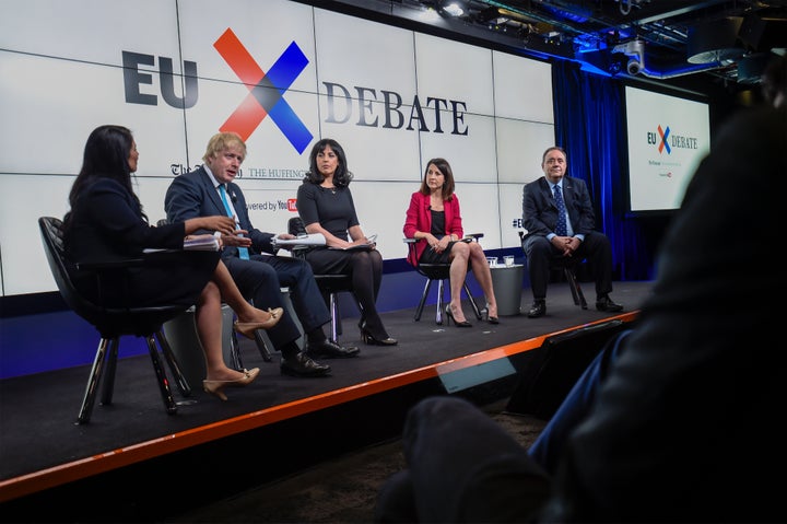 Left to right Priti Patel, the employment minister Boris Johnson Aasmah Mir Remain campaigner Liz Kendall, Alex Salmond