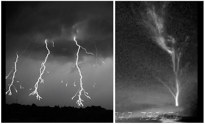 A composite image during two Florida thunderstorms showing (at left) downward lightning discharge as it spreads its "limbs" o