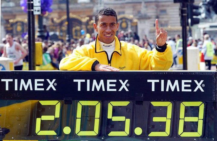 Khalid Khannouchi, a former world record holder for the marathon, after winning the London Marathon in 2002.