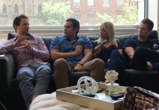 A screenshot of The Rundown broadcast featuring (from left to right): Barstool's El Presidente, Big Cat, Emily Austen, and KFC