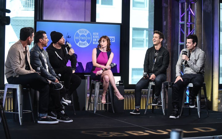 Jonathan Knight, Danny Wood, Donnie Wahlberg, Joey McIntyre and Jordan Knight of New Kids on the Block attend AOL Build Speak