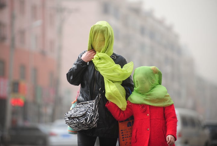 People walk during a polluted day in Shenyang, Liaoning province, March 2016.