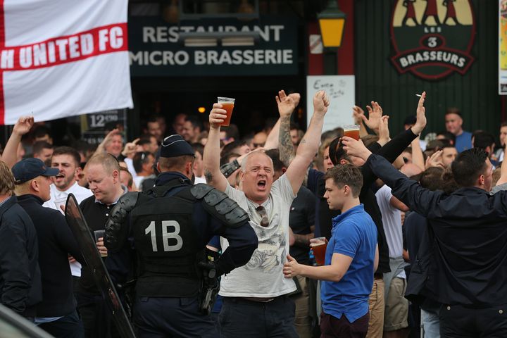 England fans and police in Lille city centre