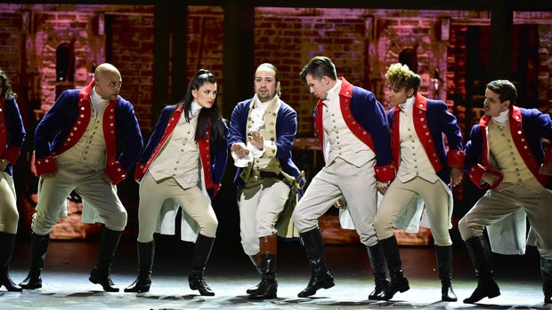 NEW YORK - JUNE 12: Lin-Manuel Miranda and the cast of Hamilton at THE 70TH ANNUAL TONY AWARDS, live from the Beacon Theatre in New York City, Sunday, June 12 (8:00-11:00 PM, live ET/ delayed PT) on the CBS Television Network. (Photo by John Paul Filo/CBS via Getty Images) 
