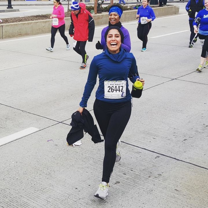 Kherani tries out one of the Sukoon hijabs during a half marathon in New York City.