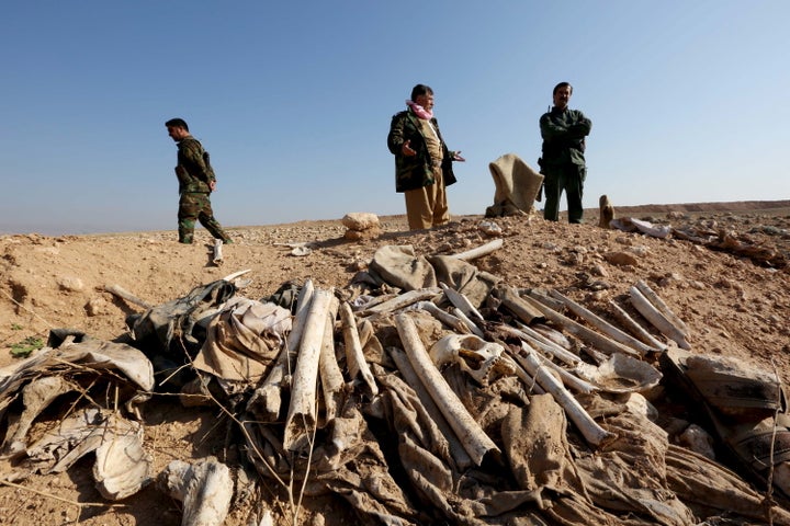 Several mass graves have been uncovered. These bones, suspected to belong to members of Iraq's Yazidi community, are seen in a mass grave on the outskirts of the town of Sinjar, Nov. 30, 2015.