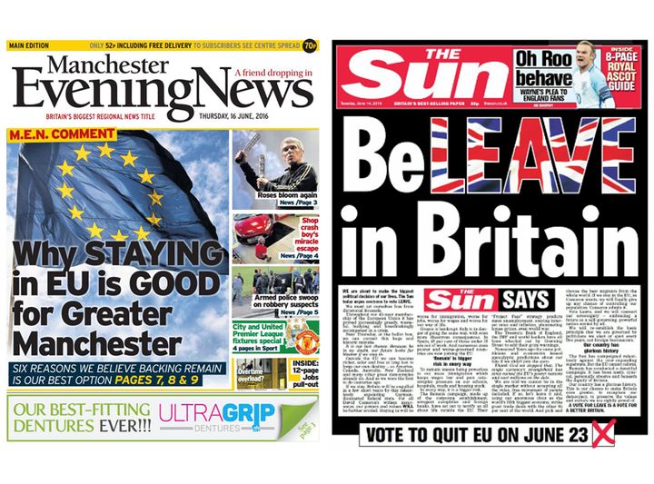 The Manchester Evening News backs Remain and The Sun is for Leave