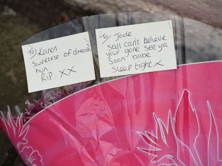 A floral tribute left on Cathedral Road, Liverpool, to Karen and Jade Hales.