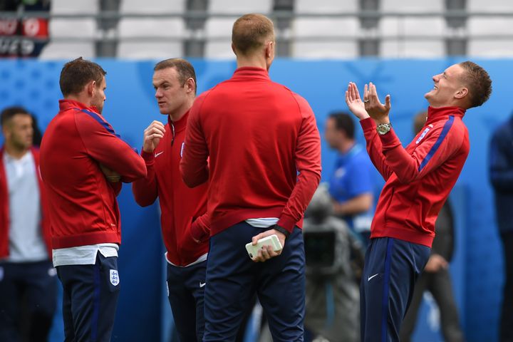 England Vs Wales: James Milner, Wayne Rooney, Joe Hart and Jamie Vardy during the walk around at the Stade Felix Bollaert-Delelis, Lens