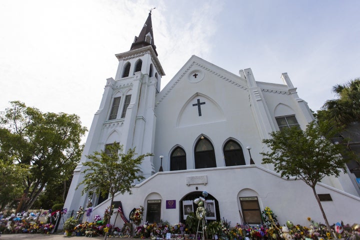 Memorial items line the front of Emanuel African Methodist Episcopal Church.