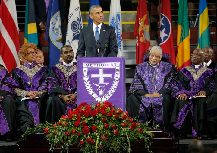 President Barack Obama speaks in front of the casket of Rev. Clementa Pinckney during funeral services for Pinckney in Charleston, South Carolina June 26, 2015.